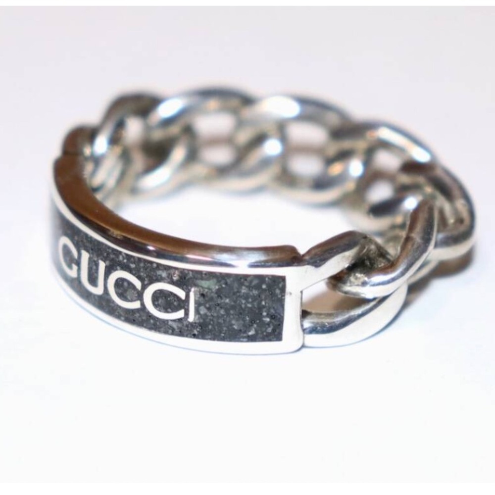 Gucci 678711 Unisex Sterling Silver Chain Ring with Black plaque, SZ 15